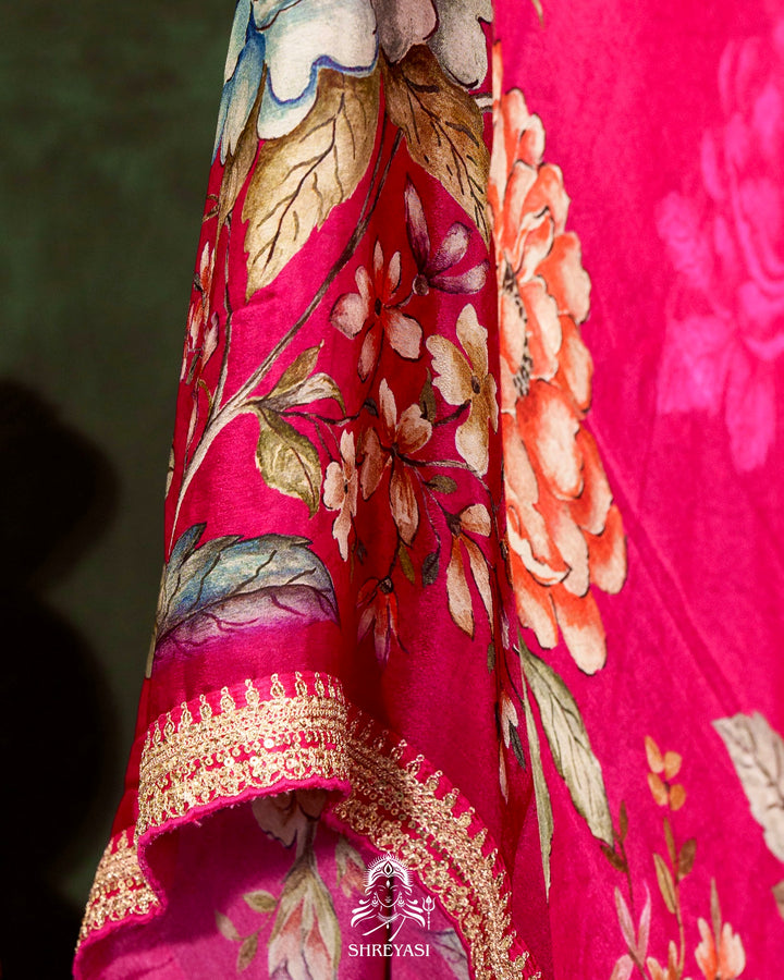 Floral Crepe Chiffon Saree with Embroidered Borders