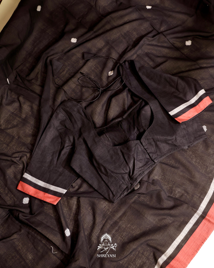 Handloom Bawan Buta cotton saree featuring traditional Jamdani woven motifs and contrast borders