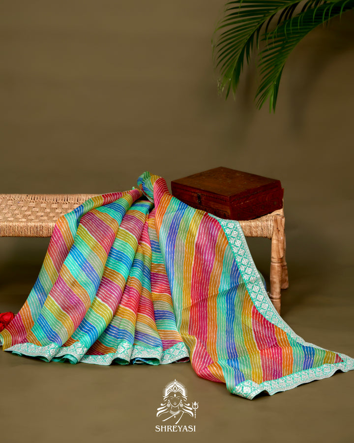 Pure Organza Silk Saree in Multicolor Leheriya with Mint Embroidered Border