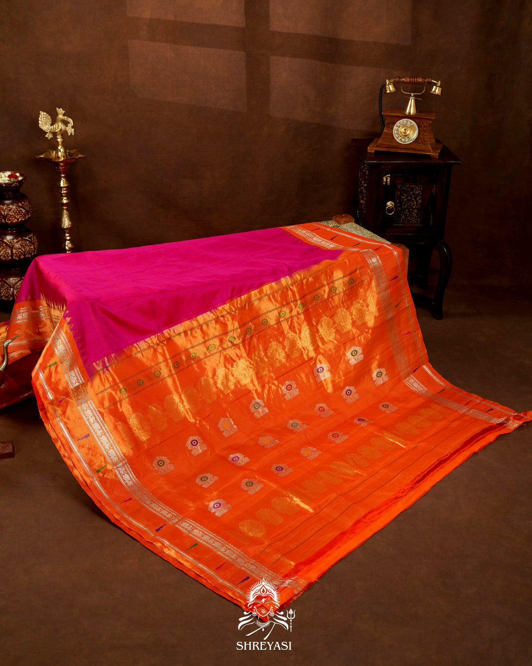 Handloom Pure Gadwal Silk Saree in Rani Pink with Orange Tissue Muniya Border