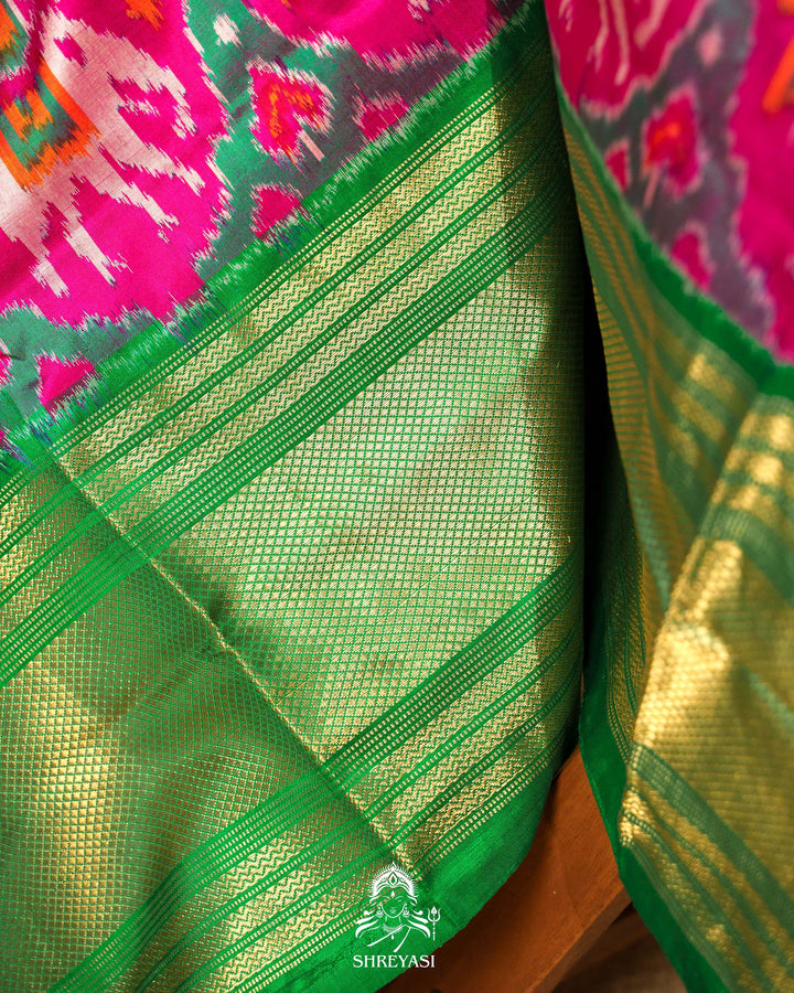 Pink & Green Handloom Pure Pochampally Silk Saree with Kanchi Borders