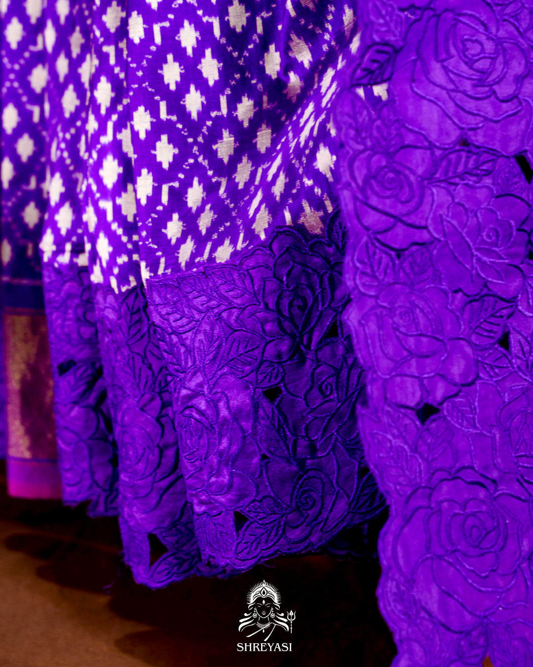 Handloom Pure Patola Silk Saree with Scalloped Floral Appliqué Embroidered Borders