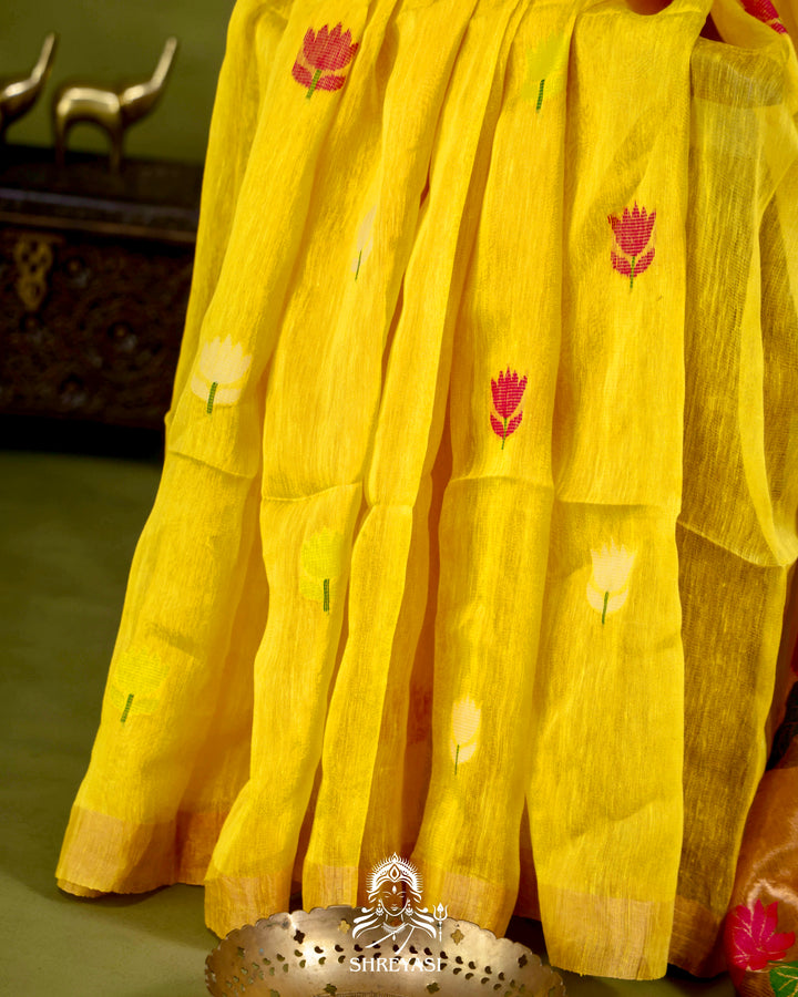 Handloom Silk Linen Jamdani Saree with Tissue Paithani Pallu