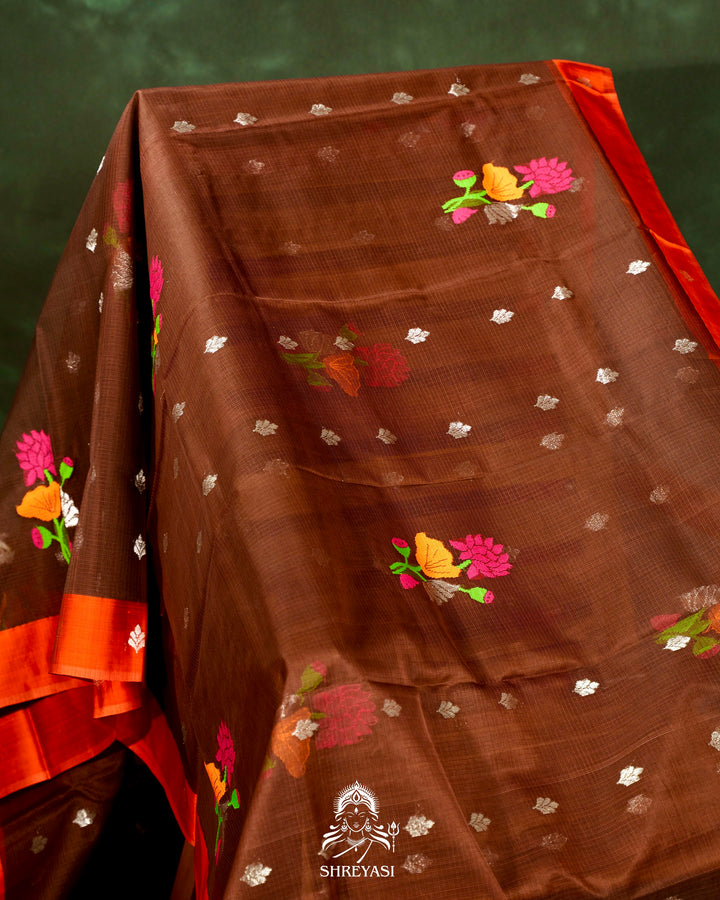 Chocolate Brown Handloom Pure Zari Kota Saree with Orange Contrast Blouse