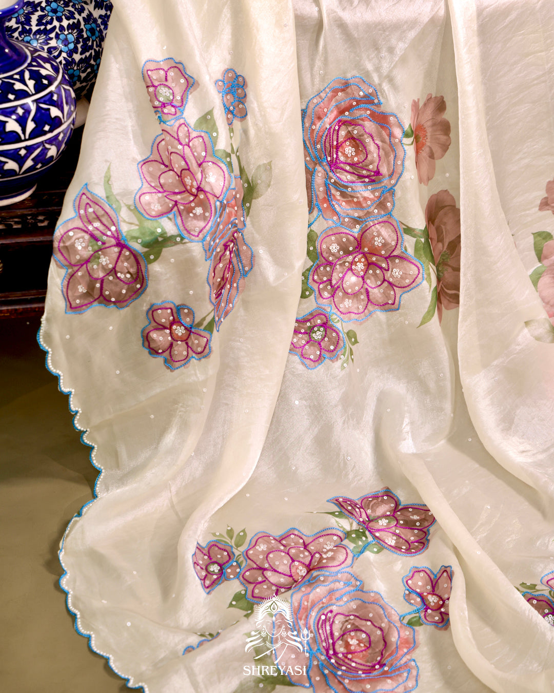Glass Tissue Saree with Floral Print and  Embroidery