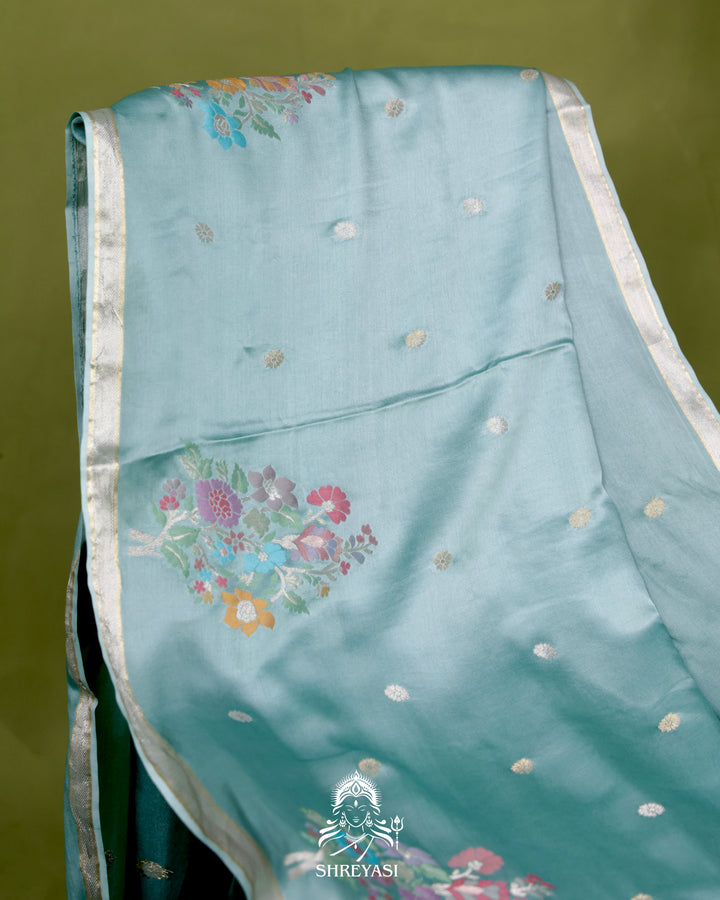 Handloom Pure Mashru Silk Saree with Sona Rupa Meenakari Bhutis and Nakshi Pallu