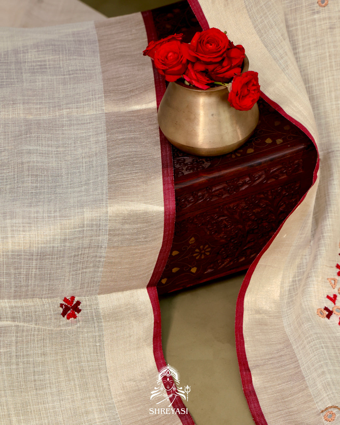 Bengal Linen Tissue Saree with Kathiyawadi Mirror Embroidery