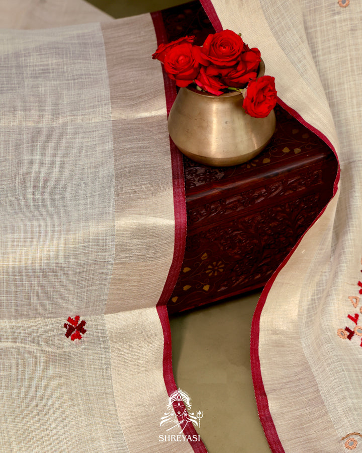 Bengal Linen Tissue Saree with Kathiyawadi Mirror Embroidery