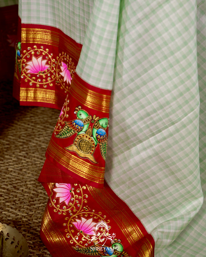 Handloom Pure Kanjivaram Silk Saree in Real Zari with Tanjore Kili and Kamalam Artwork