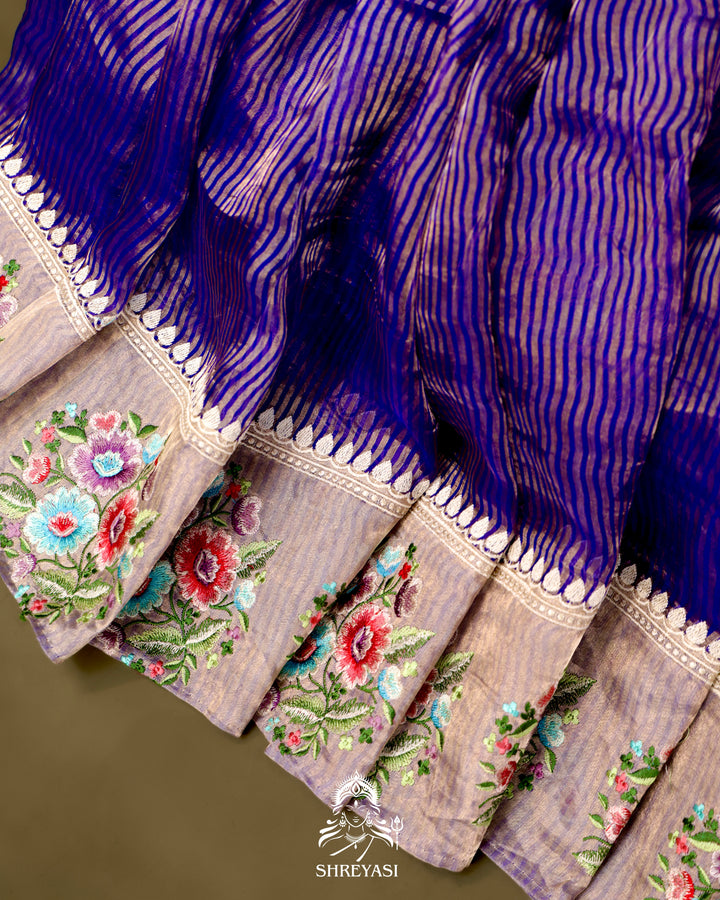 Handloom Banarasi Tissue Stripe Silk Saree with Satin Stitch Floral Embroidered Borders
