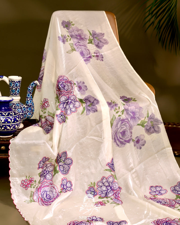 Glass Tissue Saree with Floral Print and  Embroidery