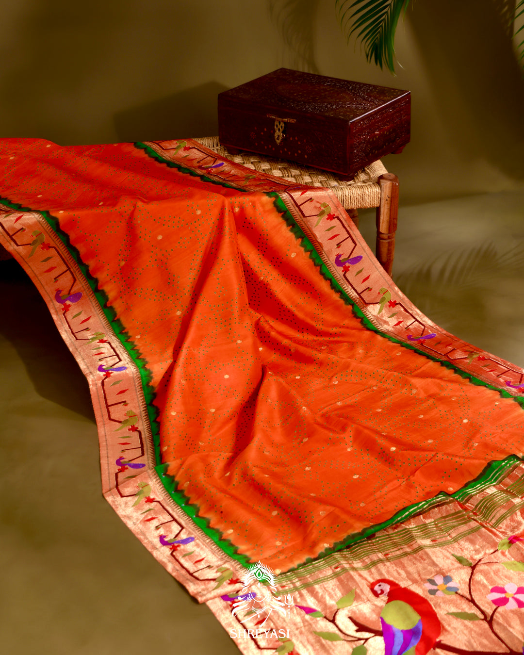 Paithani Bandhini Silk Saree with Parrot Peacock Border