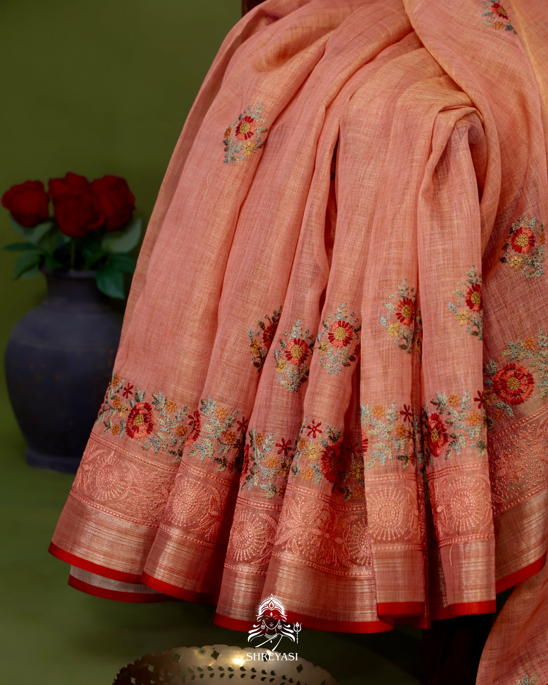 Bengal Linen Saree with Resham Floral Embroidery