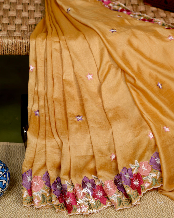 Tussar Silk Saree with Resham Floral Embroidery Border