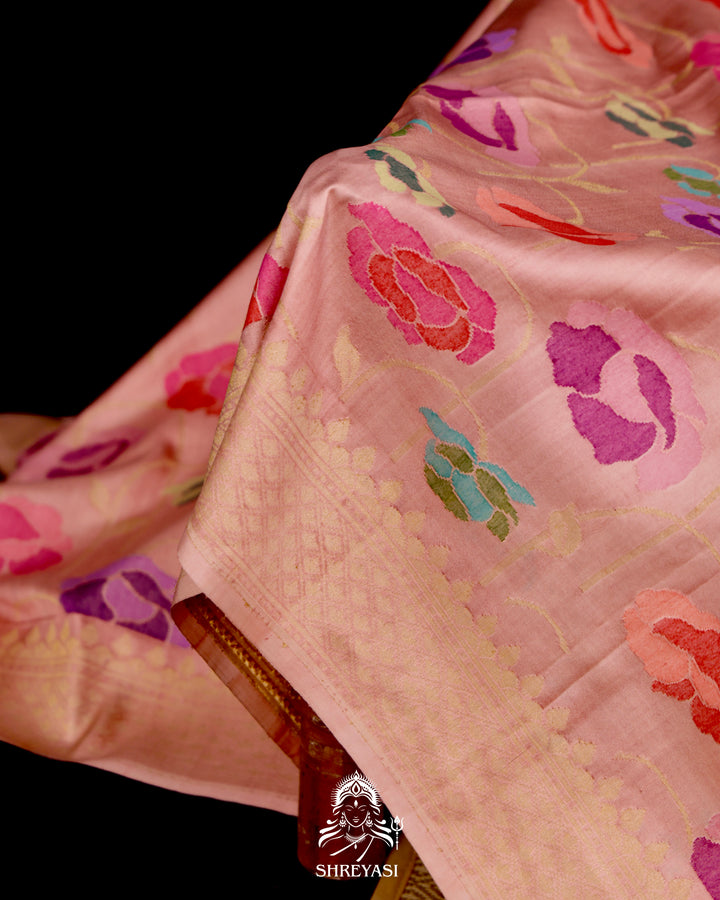 Banarasi Ektara silk saree with kadhwa meenakari weaving and all-over jamdani-inspired floral motifs