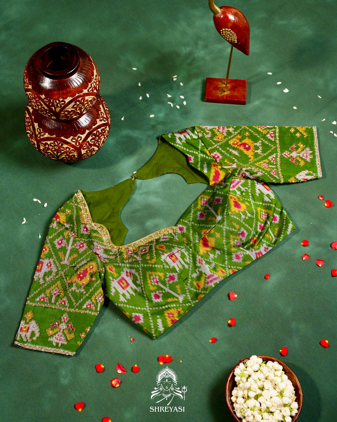 Handloom Pure Single Ikat Rajkot Patola Silk Blouse with Rich Hand Embroidery