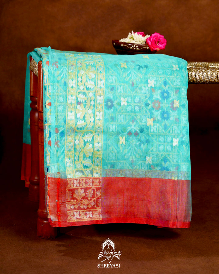 Handloom Banarasi Cotton Jamdani Saree with Contrast Border