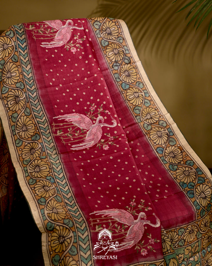 Tussar Silk Bandhej Saree with Pen Kalamkari and Petit Point Embroidery