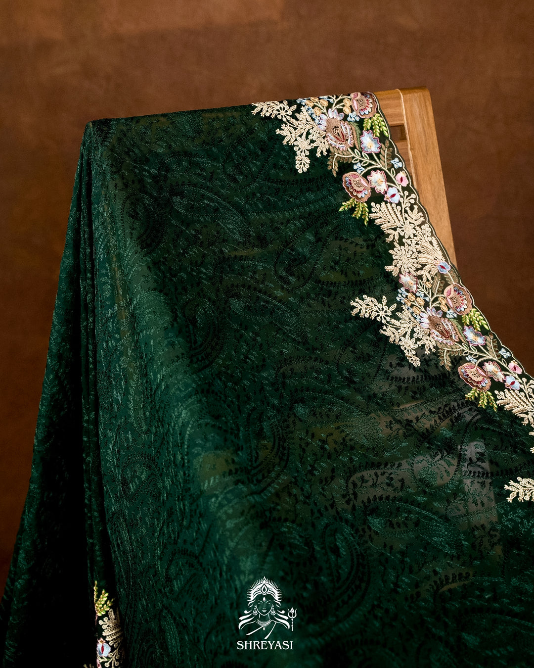 Premium Pure Georgette Chikankari Saree in Emerald Green with Embroidered Floral Borders