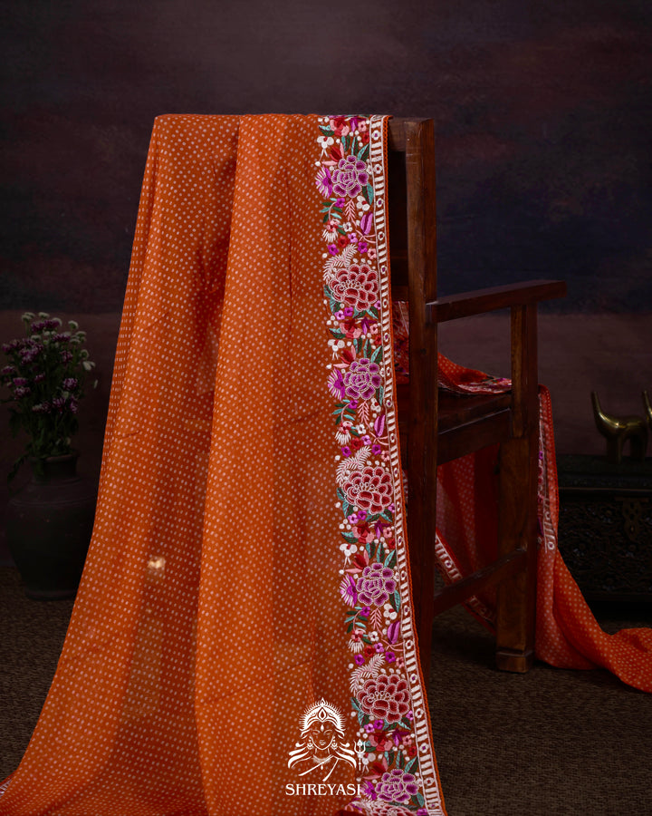 Pure Georgette Saree with Parsi Gara Style Embroidered Borders and Bandhej Body