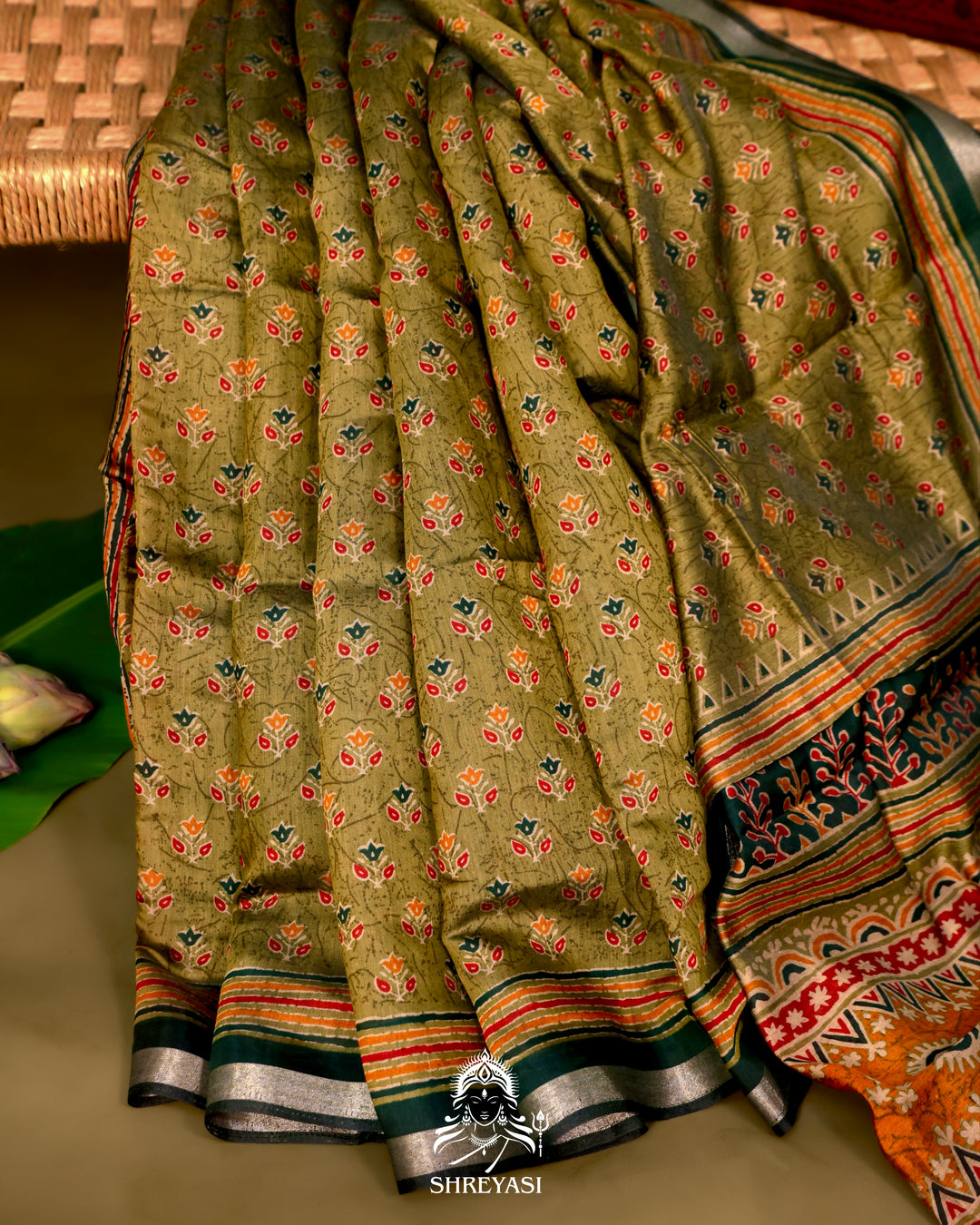 Olive Green Crystal Cotton Saree
