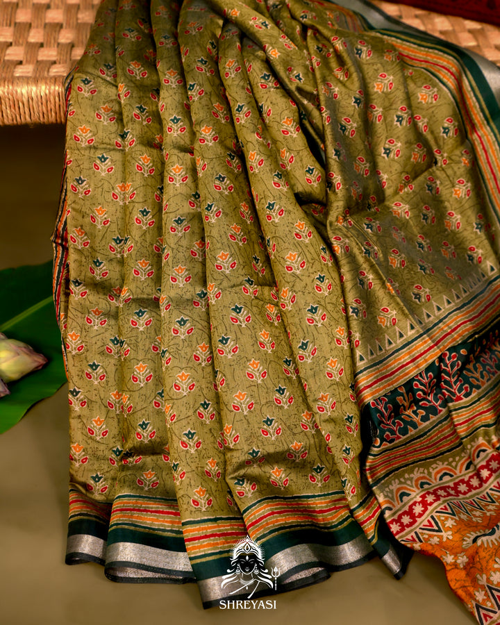 Olive Green Crystal Cotton Saree