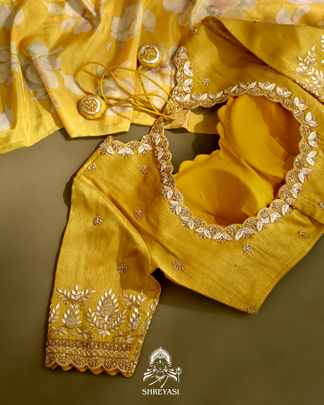 Yellow Floral Banarasi Ektara Tissue Silk Saree with Embroidered Blouse