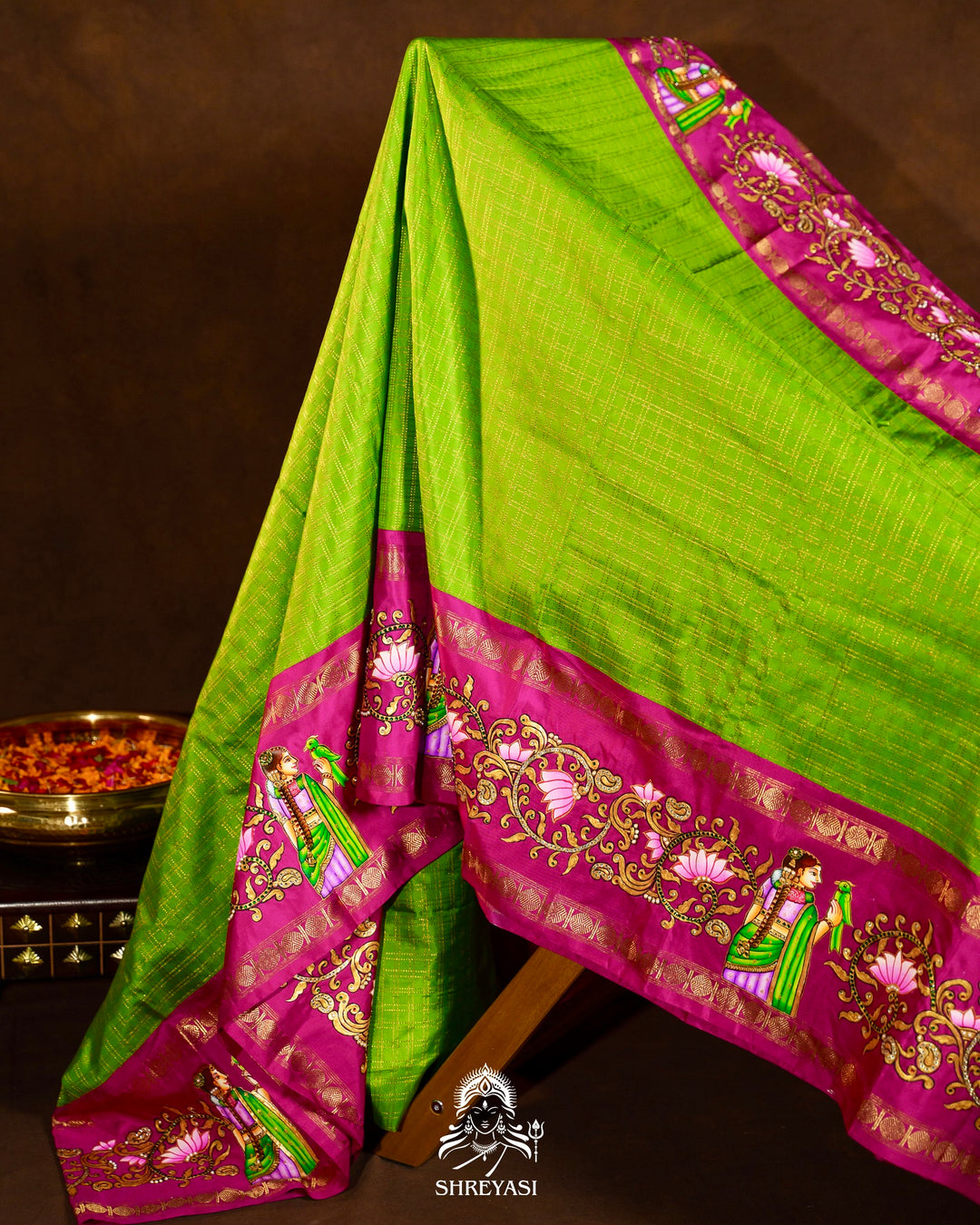 Traditional Tanjore Painting on Handloom Pure Kanjivaram Silk Sarees with Real Zari