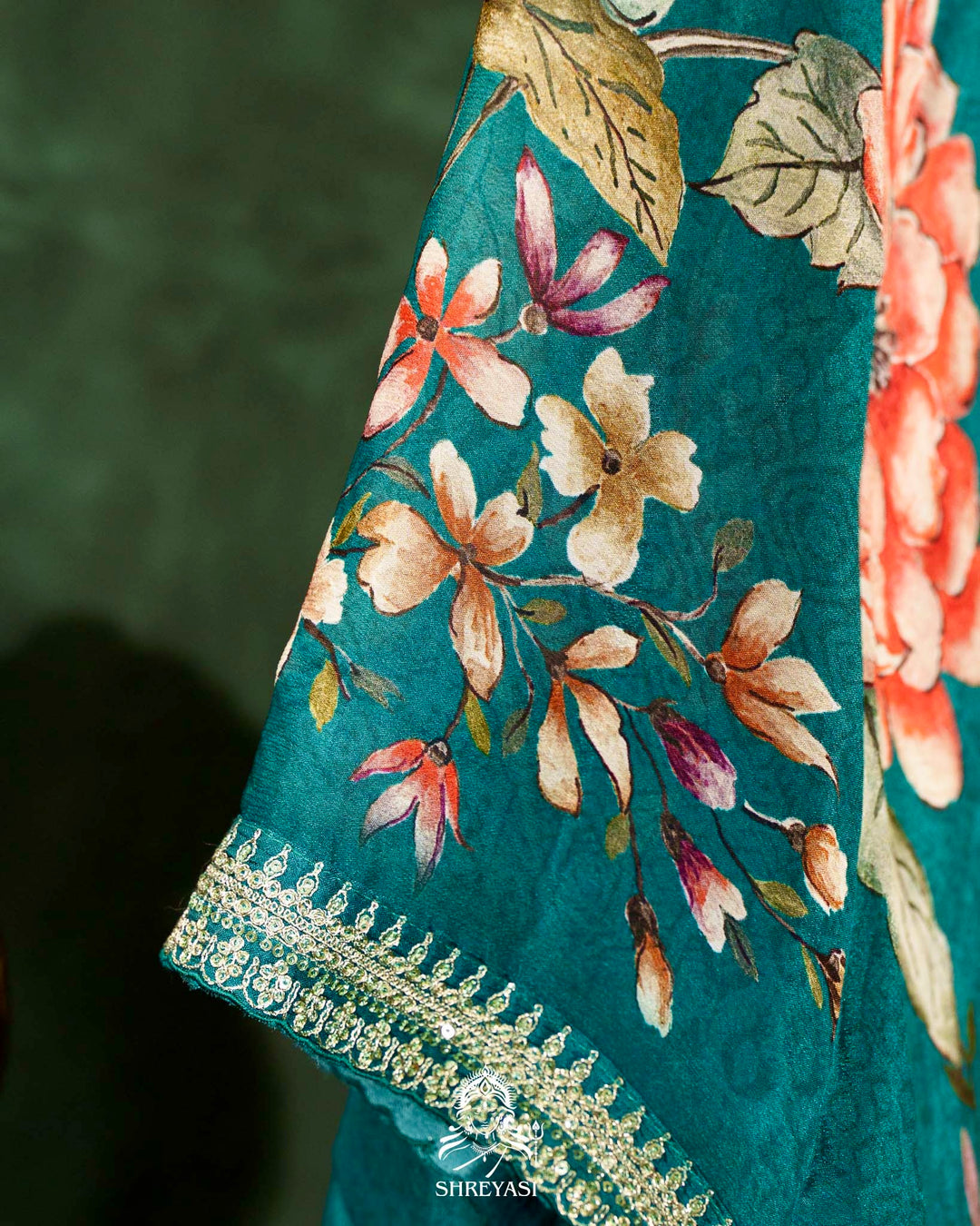 Floral Crepe Chiffon Saree with Embroidered Borders