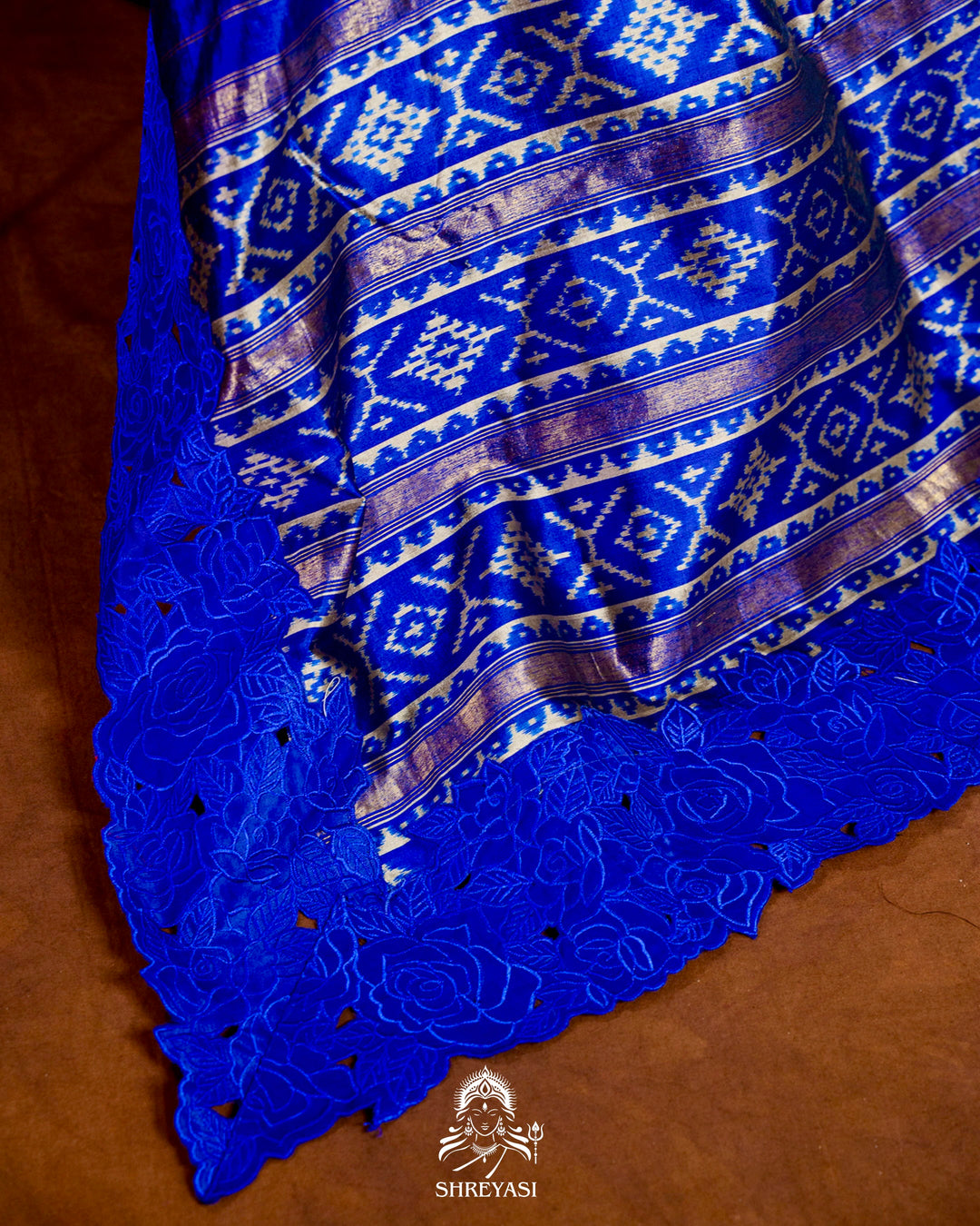 Handloom Pure Patola Silk Saree with Scalloped Floral Appliqué Embroidered Borders