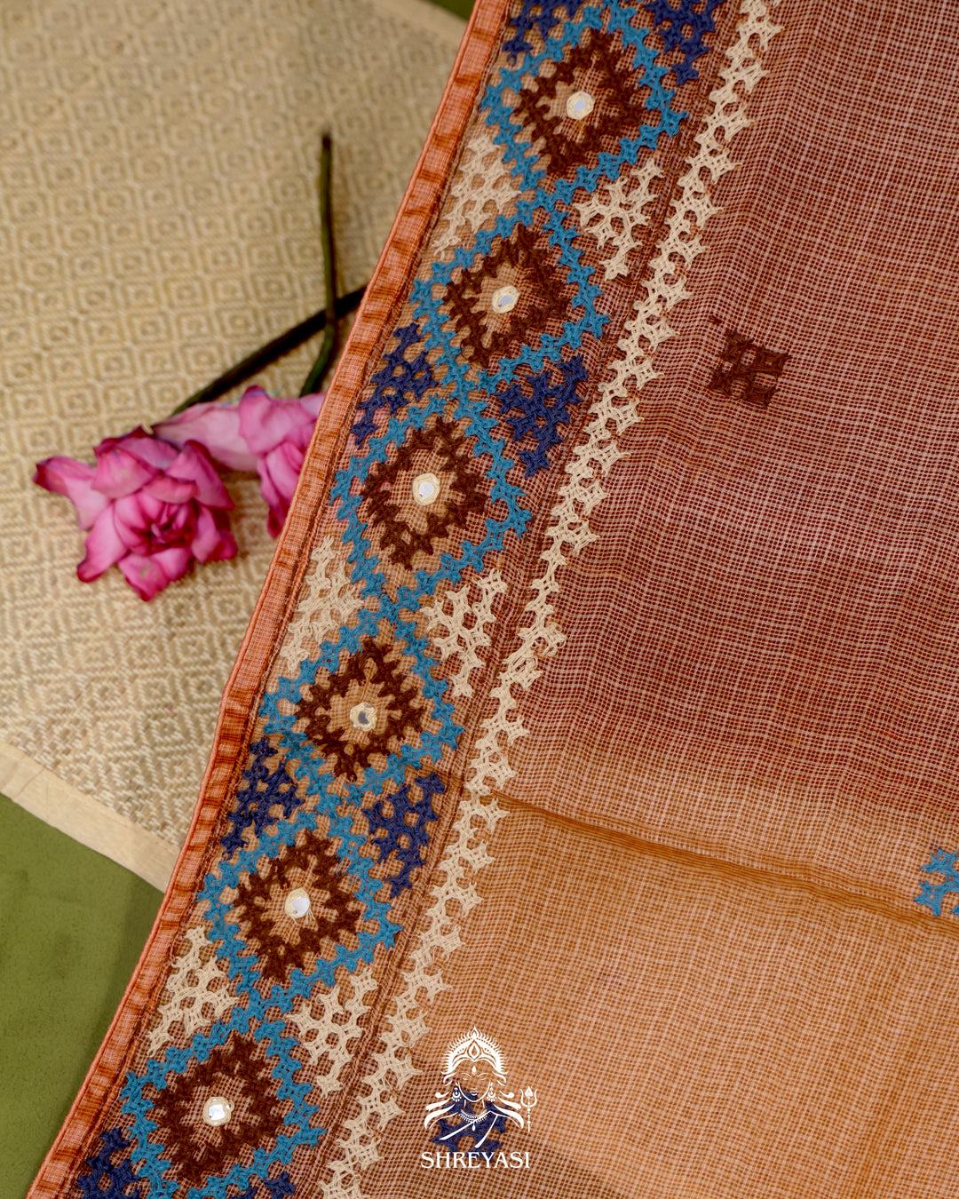 Handloom Pure Tussar Kota Saree with Kutch Hand Embroidery and Mirror Work
