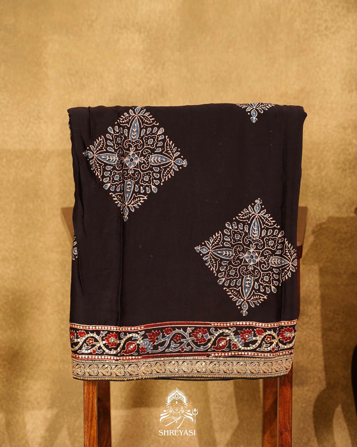 Handloom Pure Modal Silk Ajrakh Hand Block Printed Saree with Natural Dyes, All Over Aari Embroidery & Embroidered Borders