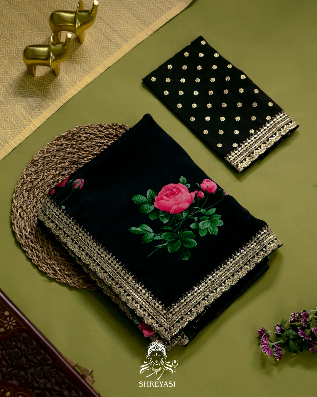 Black Chinon Satin Floral Saree with Embroidered Border