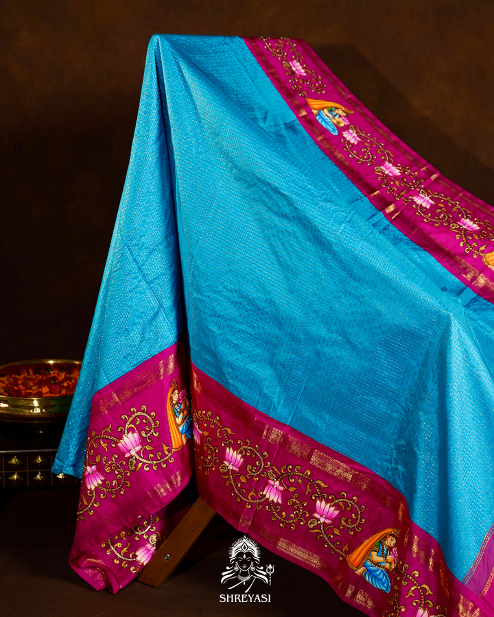 Traditional Tanjore Painting on Handloom Pure Kanjivaram Silk Sarees with Real Zari