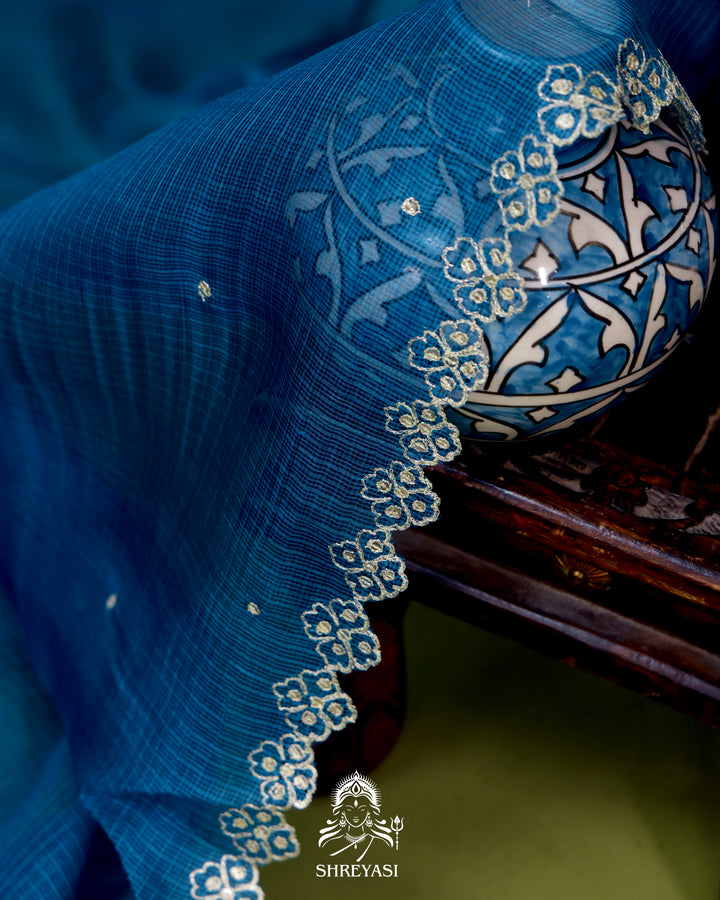 Handloom Pure Tussar Kota Saree with Scalloped Pitta Embroidery Border