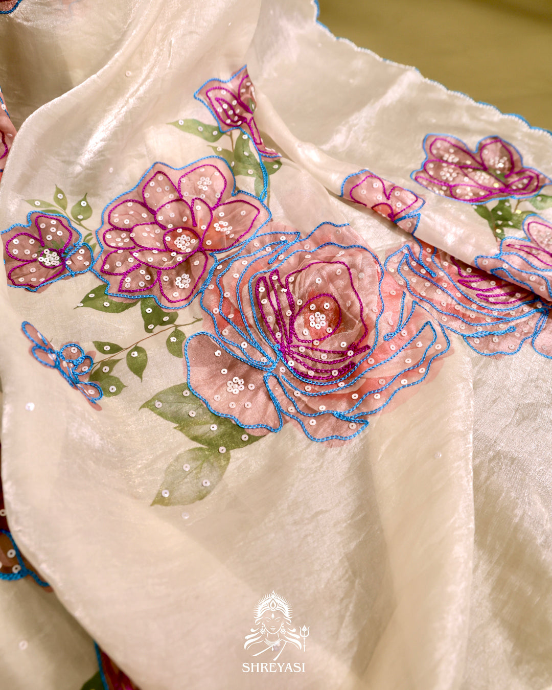 Glass Tissue Saree with Floral Print and  Embroidery