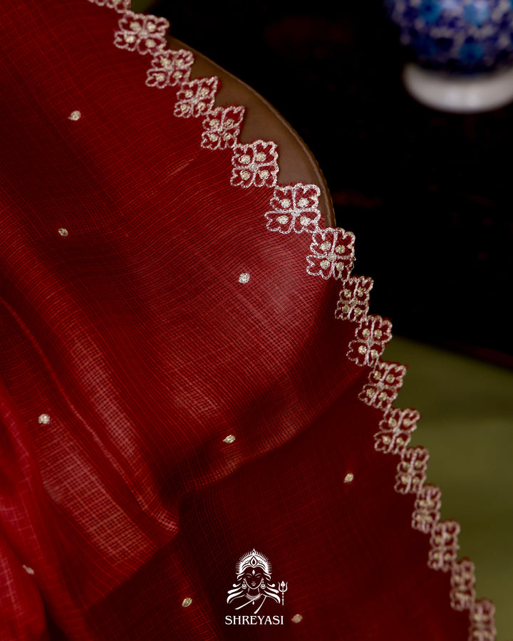 Handloom Pure Tussar Kota Saree with Scalloped Pitta Embroidery Border