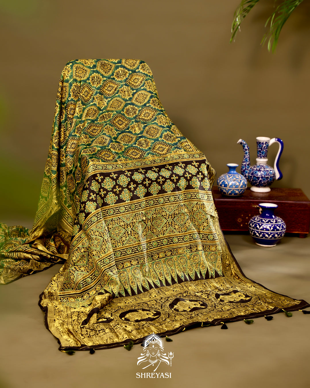Hand Block Printed Ajrakh Dola Silk Saree with Zari Brocade Blouse