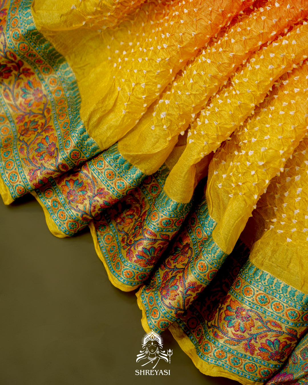 Hand Knotted Bandhej Tussar Silk Saree with Meenakari Weaving