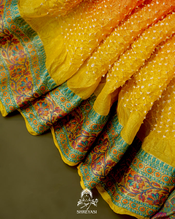 Hand Knotted Bandhej Tussar Silk Saree with Meenakari Weaving