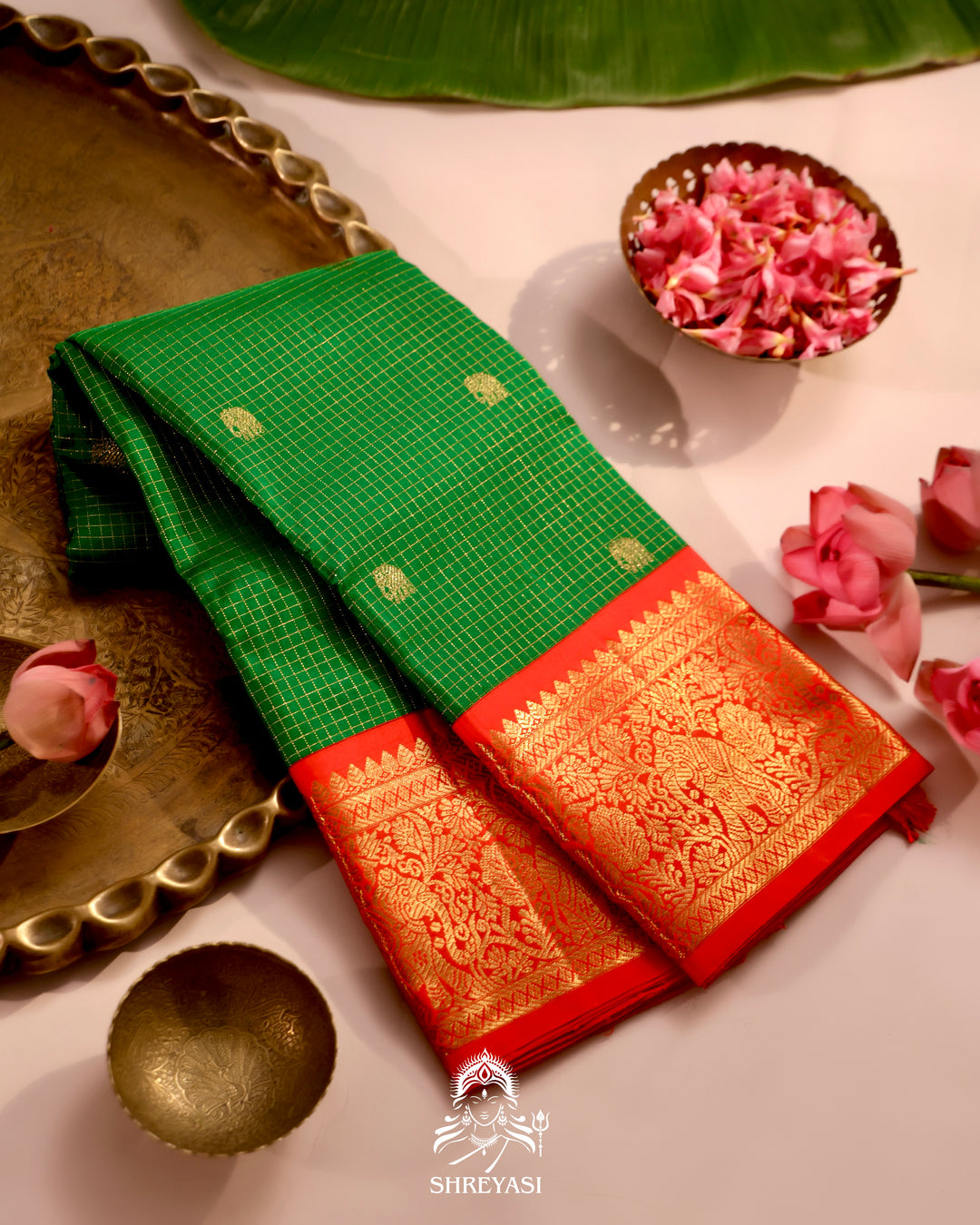 Handloom pure Kanjivaram silk saree with real zari, kattam checks, and traditional motifs