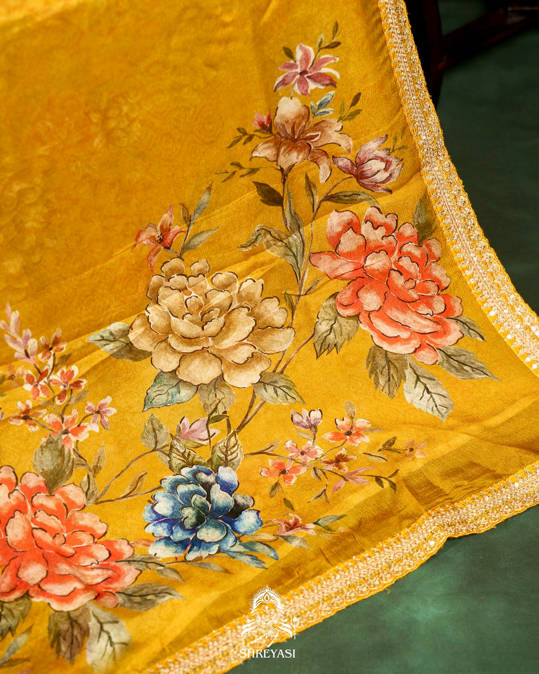 Floral Crepe Chiffon Saree with Embroidered Borders