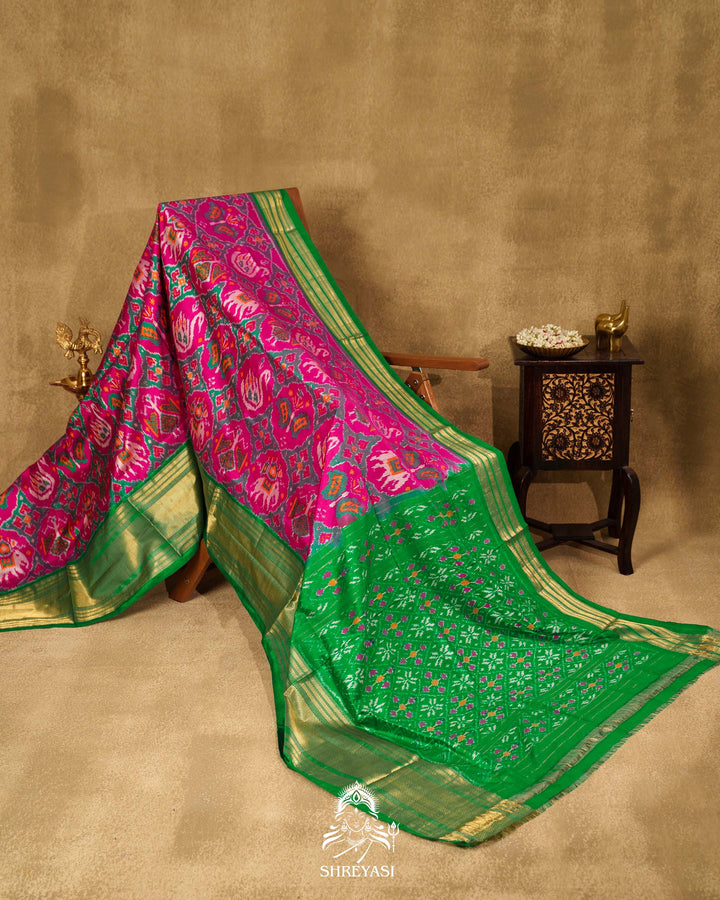 Pink & Green Handloom Pure Pochampally Silk Saree with Kanchi Borders