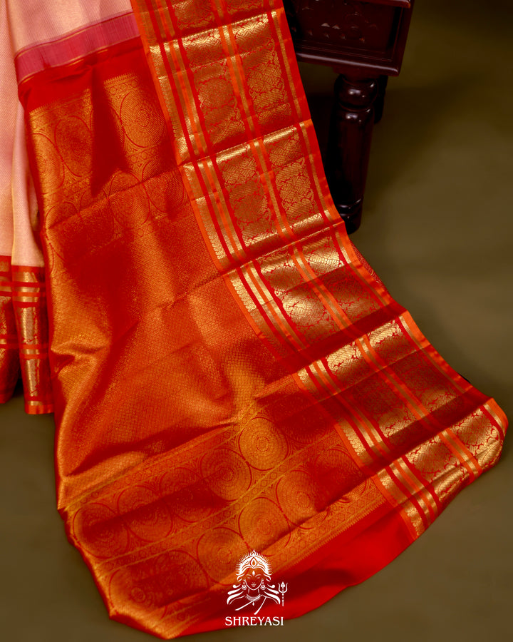 Handloom Pure Kanjivaram Silk Saree in Real Zari - Peach pink with Red and Orange Korvai Border