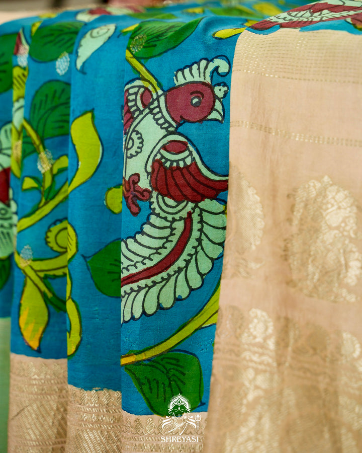 Handloom Pure Gadwal Silk Saree with Hand Painted Pen Kalamkari and Silver Zari Borders