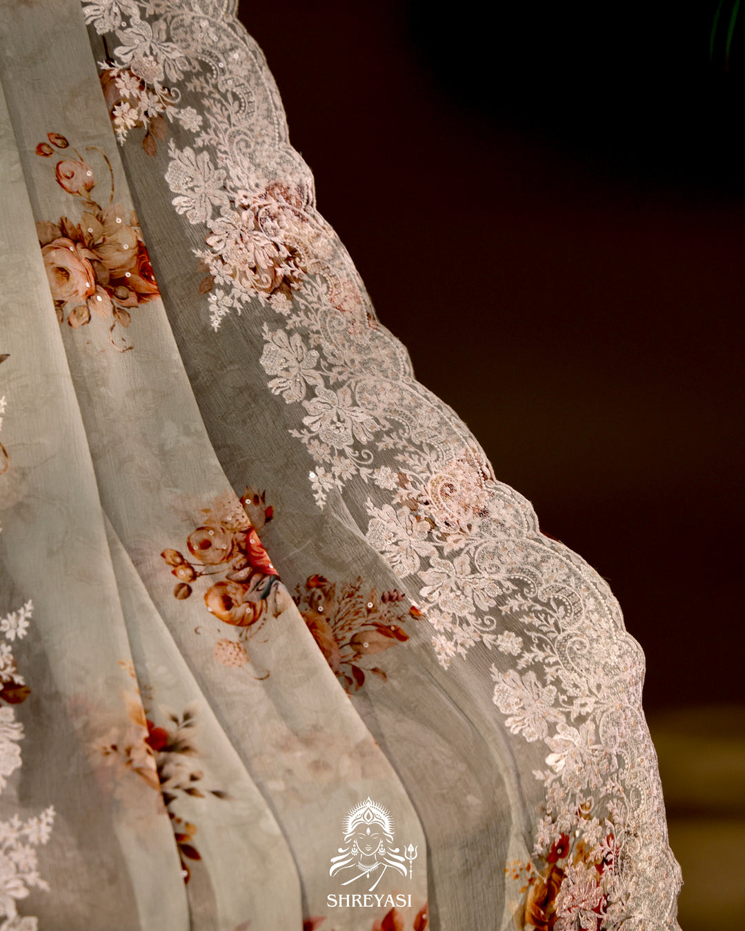 Floral Chiffon Georgette Saree with Scalloped Thread Embroidery