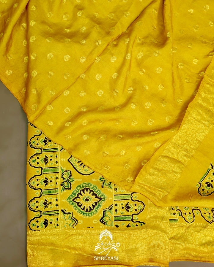Hand Block Printed Ajrakh Dola Silk Saree with Zari Brocade Blouse