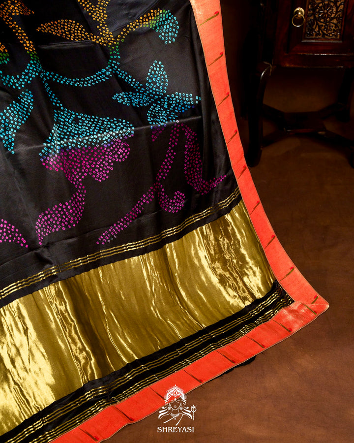 Handloom Pure Gaji Silk Bandhej Saree with Pure Paithani Border