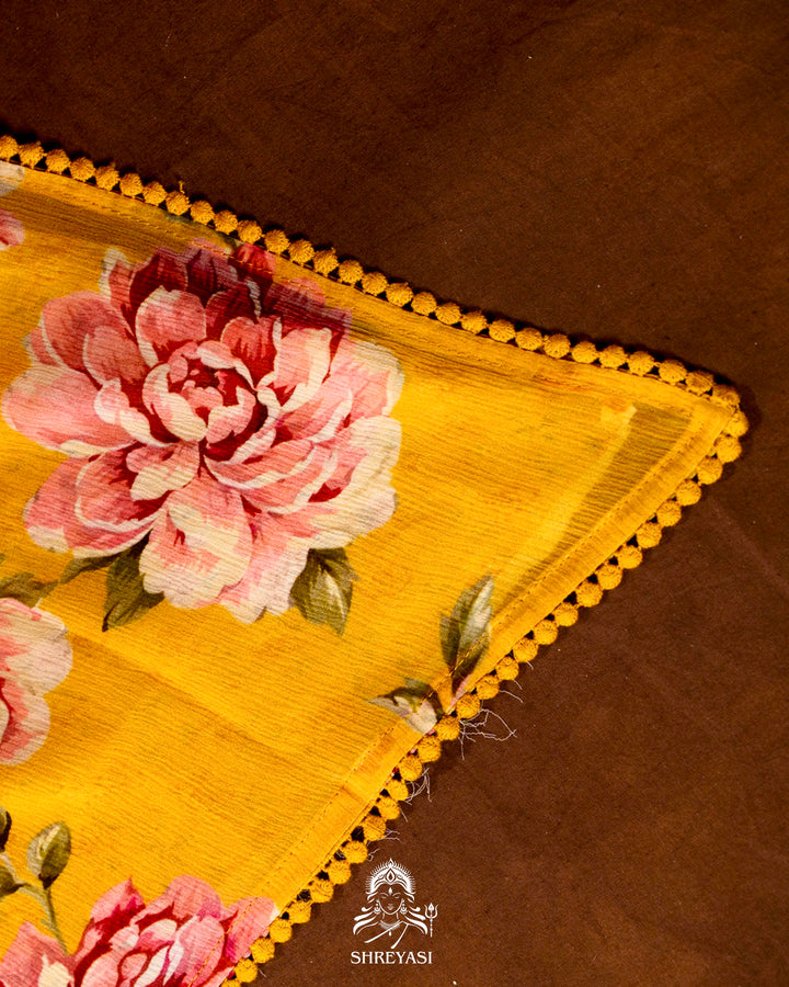 Pure Chiffon Floral Saree with Crochet Embroidery Border