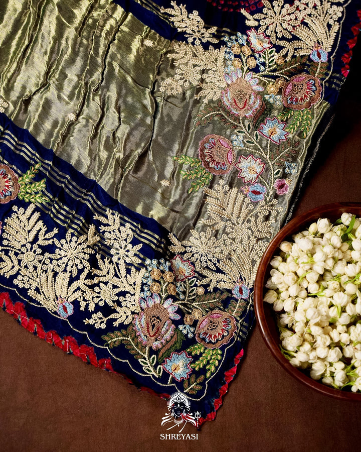 Handloom Pure Gaji Silk Bandhej Saree with Floral Embroidery
